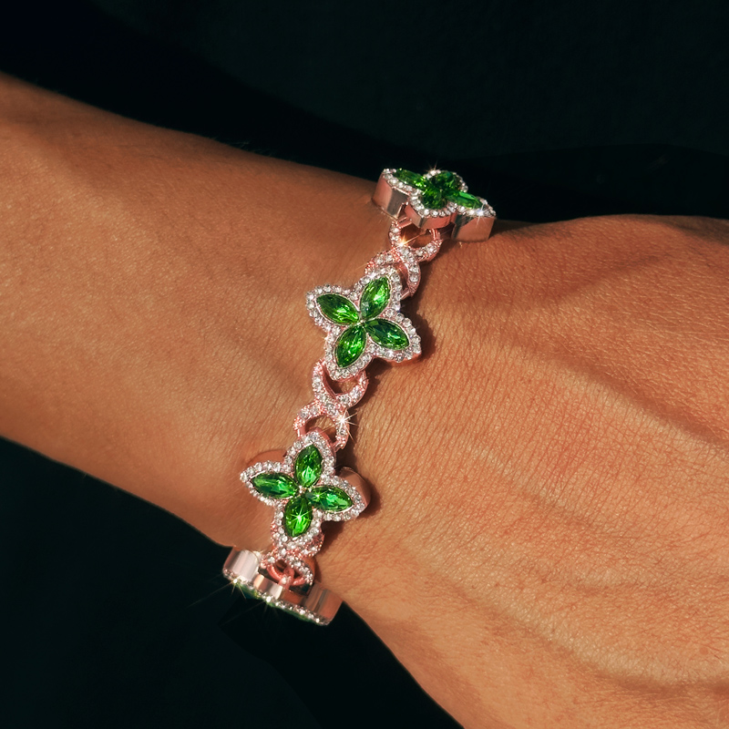 Iced Out Out 17mm Emerald Clover Bracelet In Rose Gold With Gold Shine