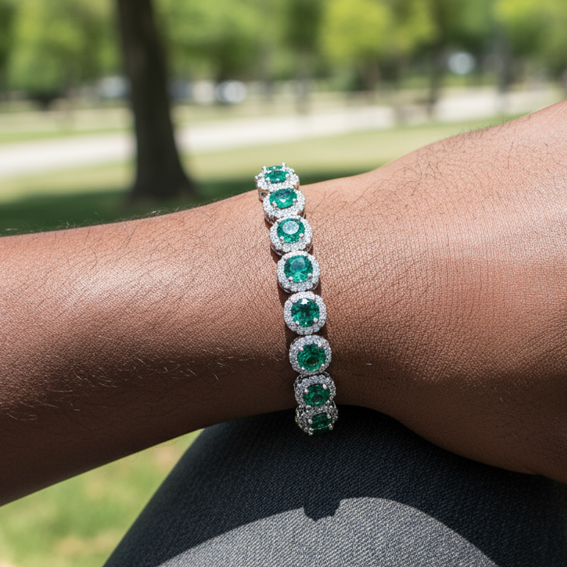 Iced Out Out Round Cut Sapphire/emerald Halo Bracelet Gold - Image 5