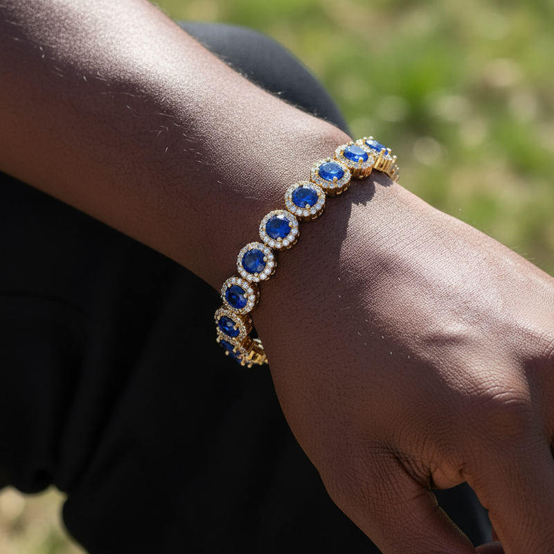 Iced Out Out Round Cut Sapphire/emerald Halo Bracelet Gold - Image 8
