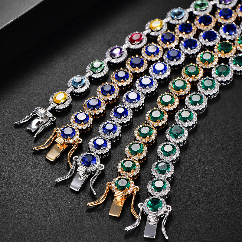 Iced Out Out Round Cut Sapphire/emerald Halo Bracelet Gold - Image 11