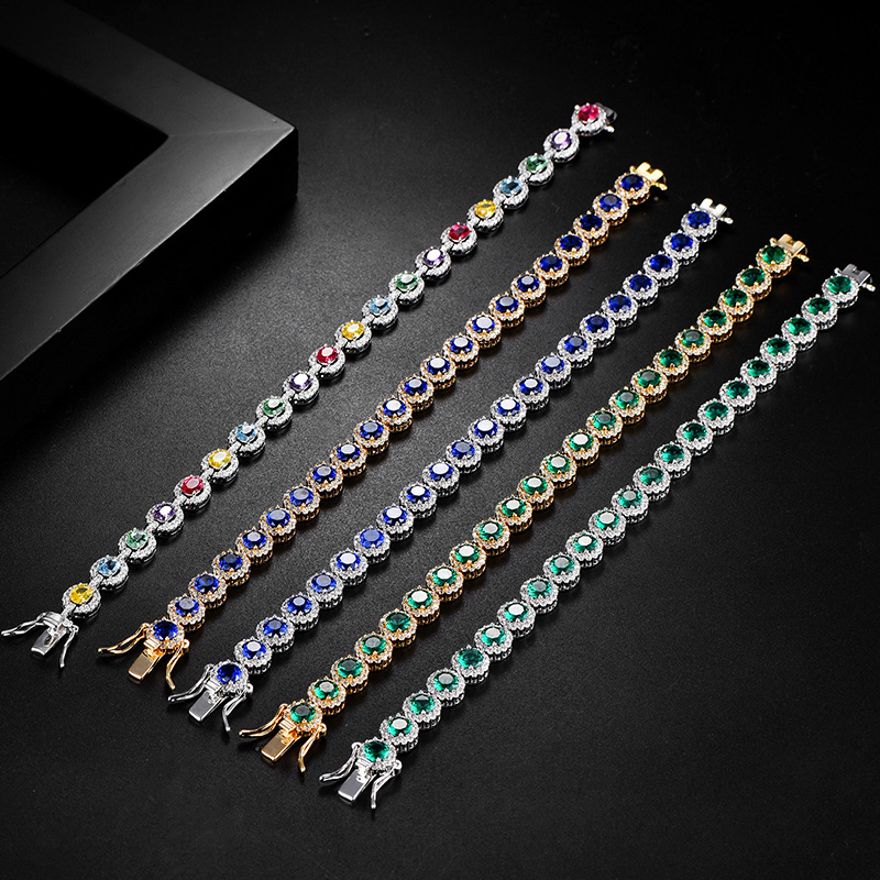 Iced Out Out Round Cut Sapphire/emerald Halo Bracelet Gold - Image 12