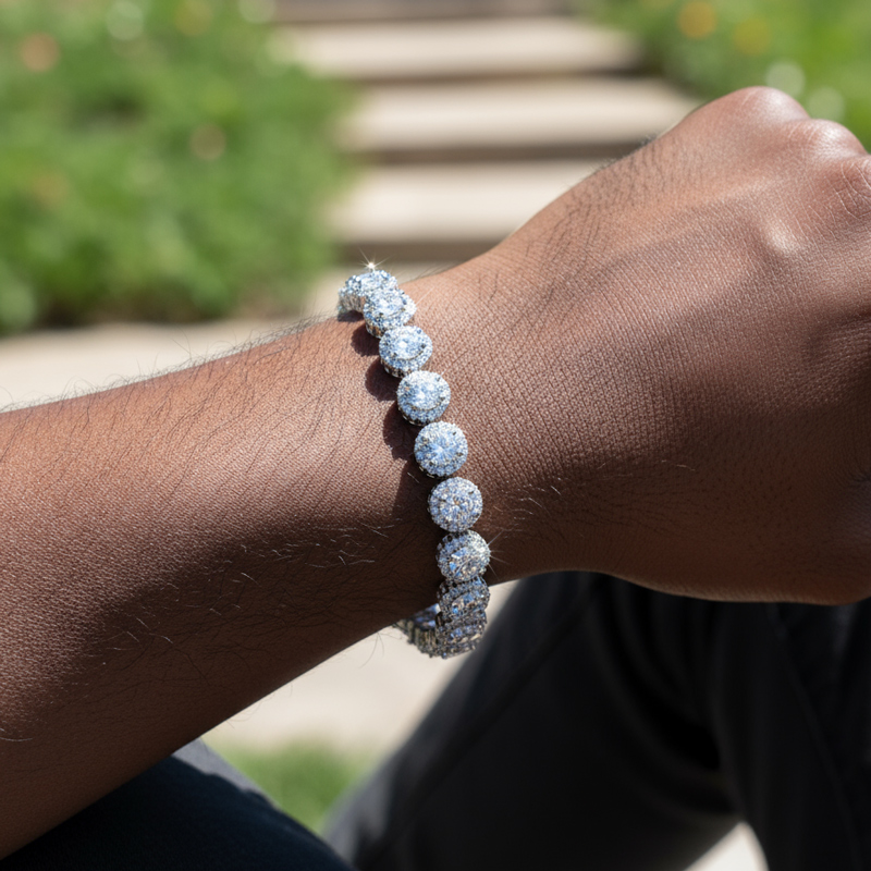 Iced Out Out Round Cut Sapphire/emerald Halo Bracelet Gold - Image 13