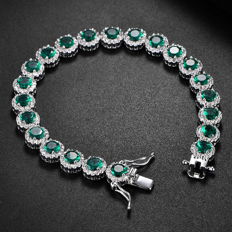 Iced Out Out Round Cut Sapphire/emerald Halo Bracelet Gold
