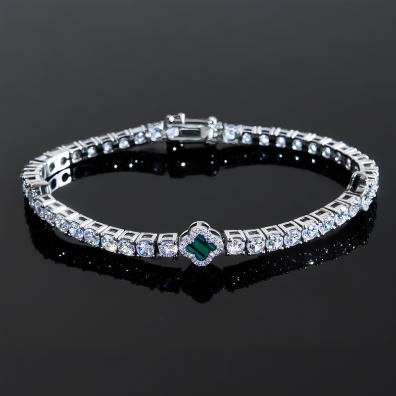 Iced Out Out Green Four Leaf Clover Tennis Bracelet Gold - Image 3