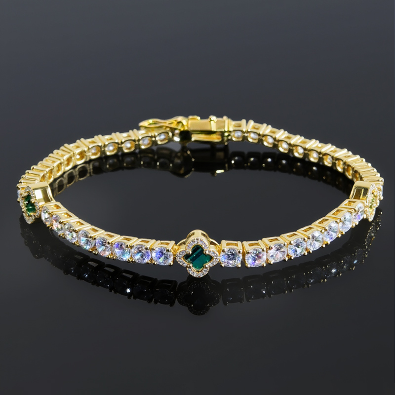 Iced Out Out Green Four Leaf Clover Tennis Bracelet Gold - Image 6