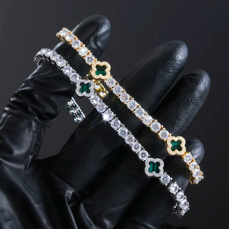 Iced Out Out Green Four Leaf Clover Tennis Bracelet Gold
