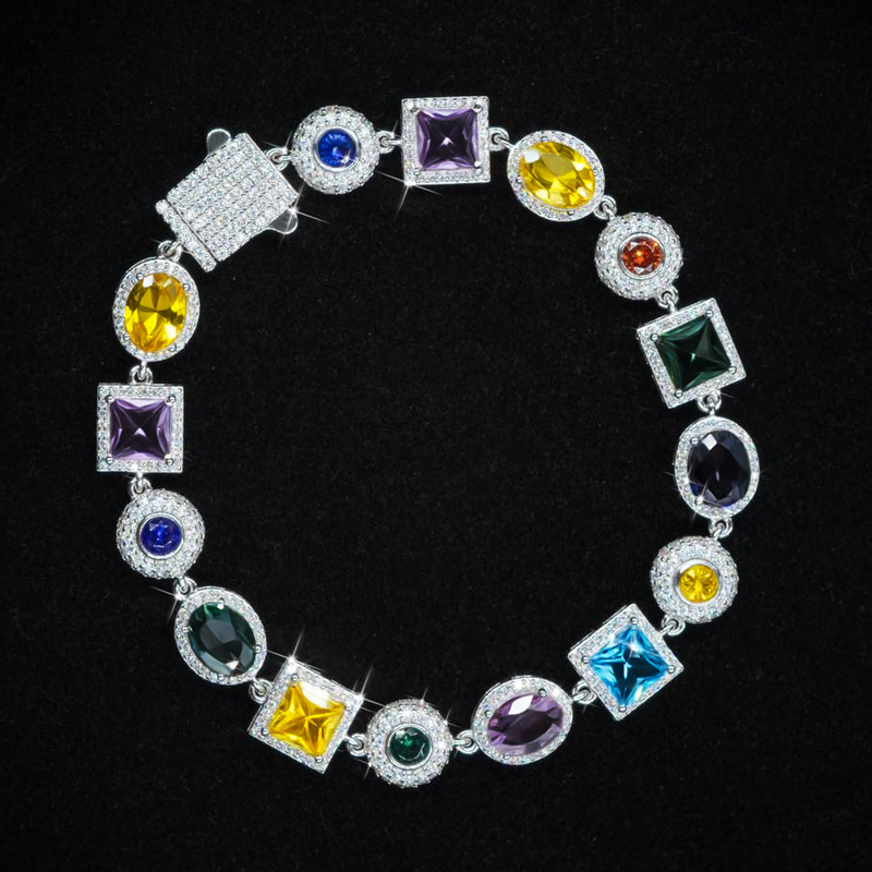 Iced Out Out Multi Colour Geometric Bracelet In White Gold With Gold Shine