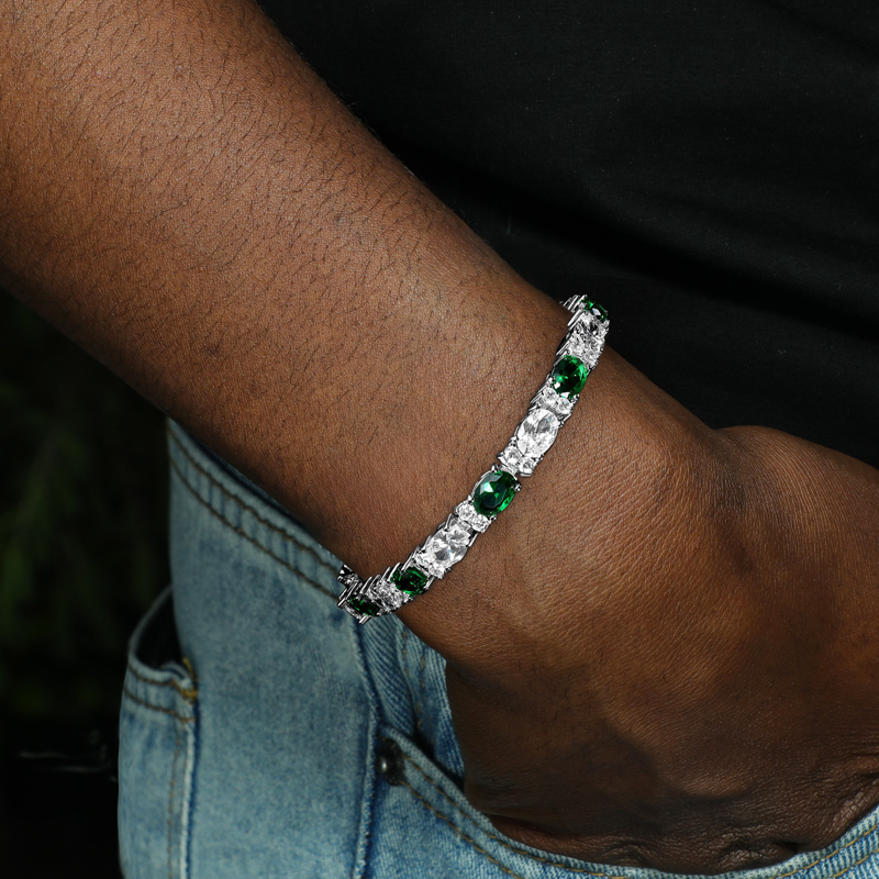 Street Luxury Iced Out Out White&emerald Oval Stone Bracelet In White Gold - Image 3