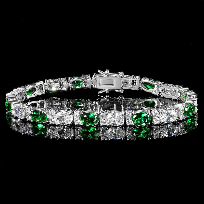 Street Luxury Iced Out Out White&emerald Oval Stone Bracelet In White Gold
