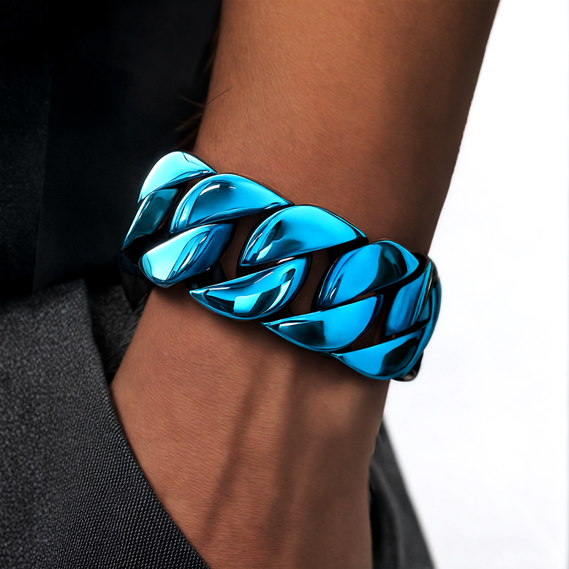 32mm 316l Stainless Steel Blue Cuban Bracelet With Street Luxury Shine - Image 3