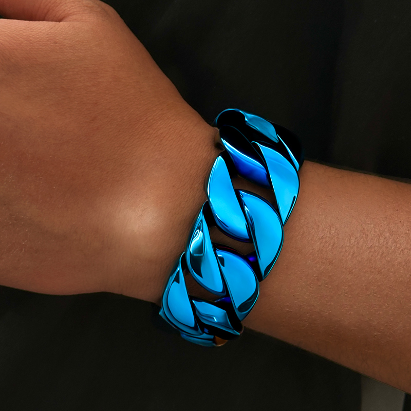 32mm 316l Stainless Steel Blue Cuban Bracelet With Street Luxury Shine - Image 4