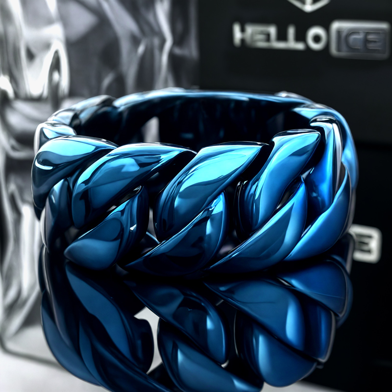 32mm 316l Stainless Steel Blue Cuban Bracelet With Street Luxury Shine - Image 5