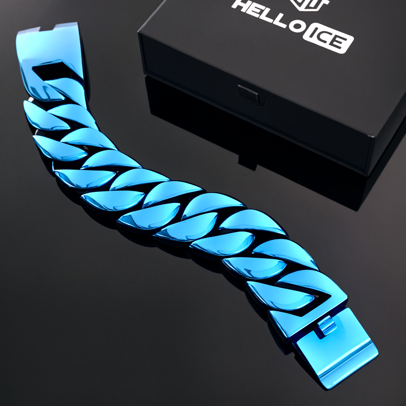 32mm 316l Stainless Steel Blue Cuban Bracelet With Street Luxury Shine - Image 6
