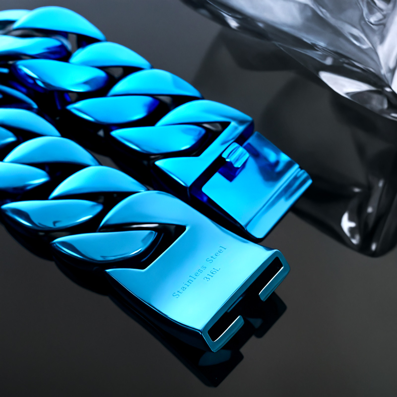 32mm 316l Stainless Steel Blue Cuban Bracelet With Street Luxury Shine - Image 7