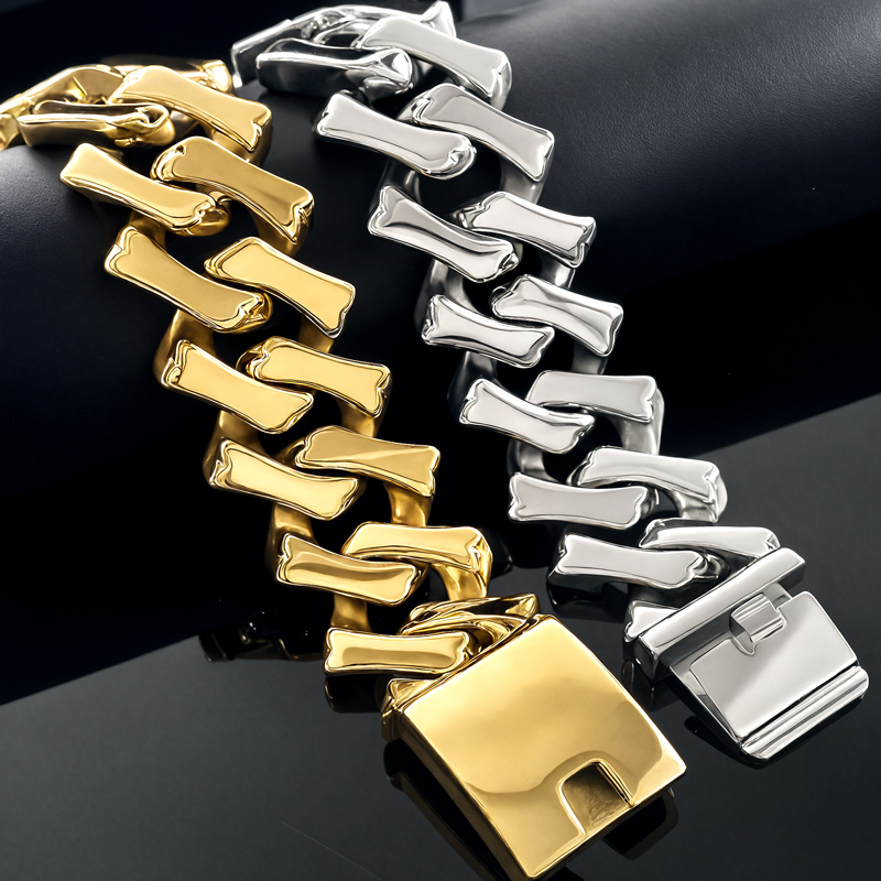 Street Luxury 32mm 316l Stainless Steel Bone Cuban Bracelet In Gold Plating - Image 4