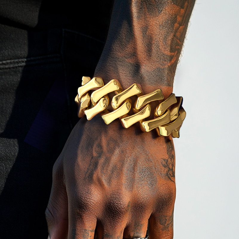 Street Luxury 32mm 316l Stainless Steel Bone Cuban Bracelet In Gold Plating - Image 6