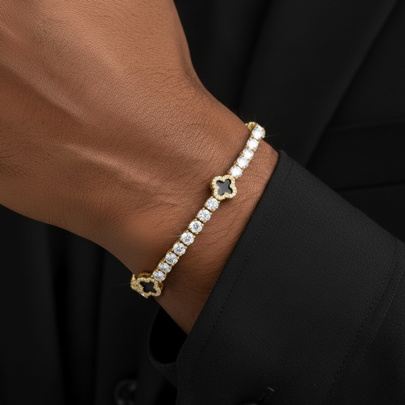 Iced Out Out Four Leaf Black Clover Tennis Bracelet Gold - Image 3
