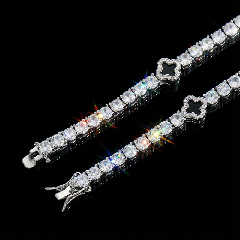 Iced Out Out Four Leaf Black Clover Tennis Bracelet Gold - Image 5