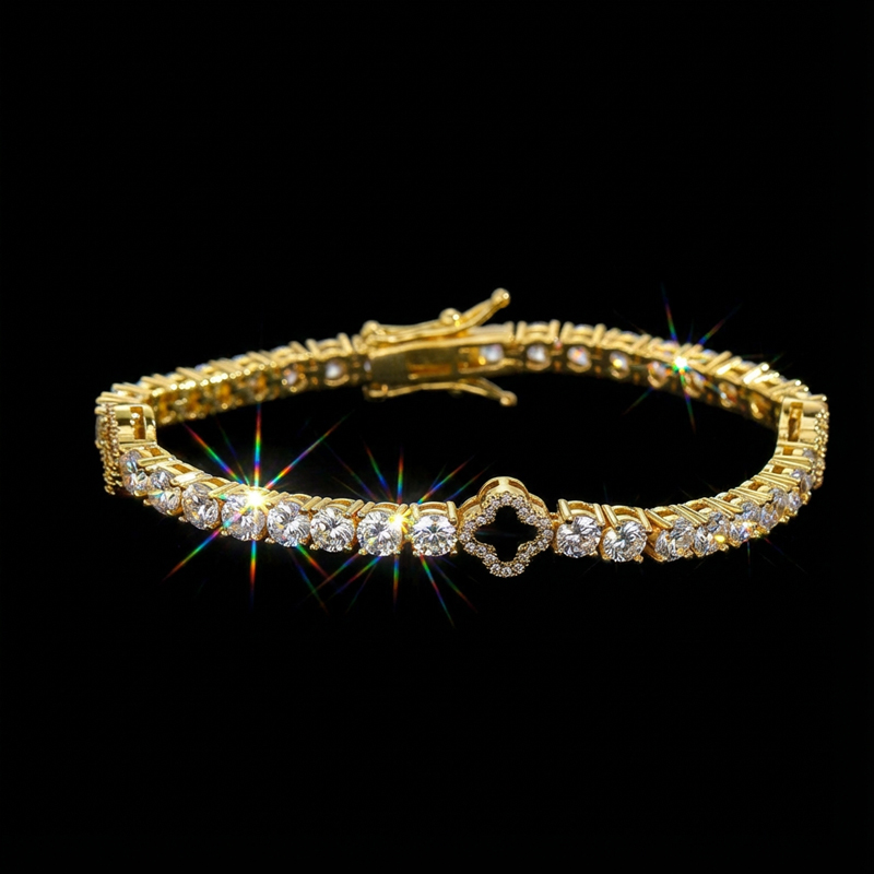 Iced Out Out Four Leaf Black Clover Tennis Bracelet Gold