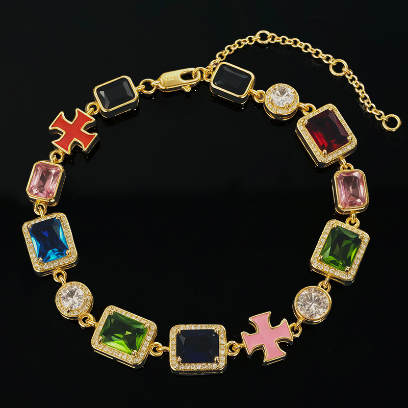 10mm Multicolored Gemstones Enamel Cross Bracelet With Street Luxury Shine - Image 4