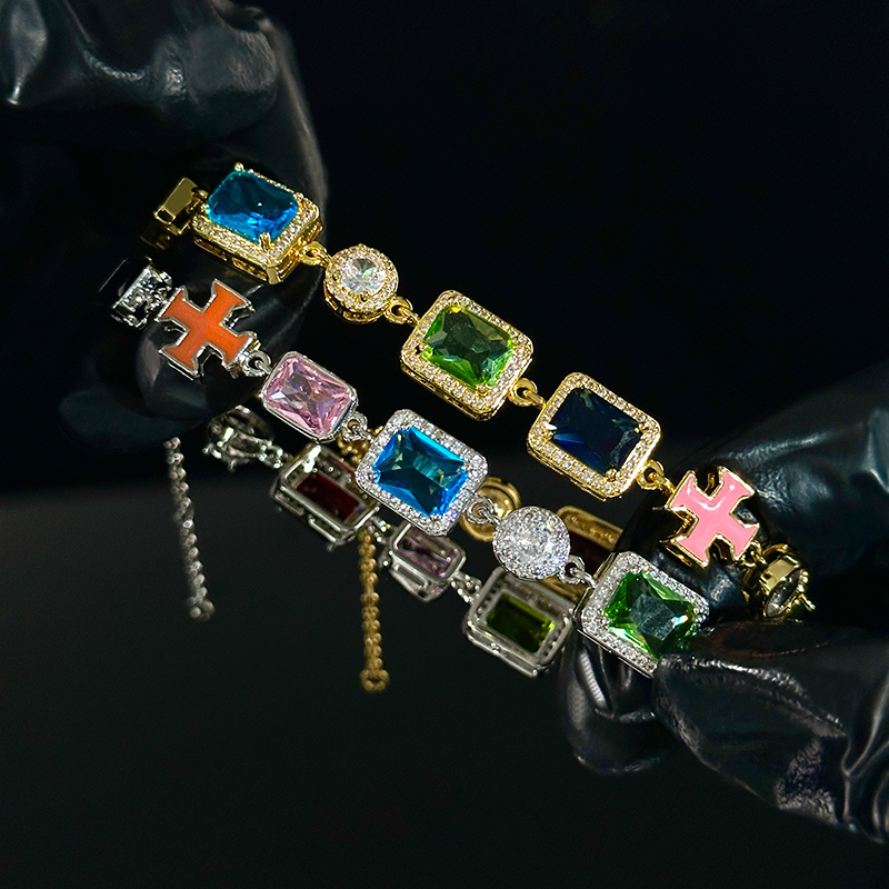 10mm Multicolored Gemstones Enamel Cross Bracelet With Street Luxury Shine - Image 5
