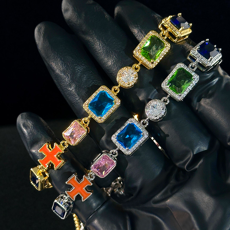 10mm Multicolored Gemstones Enamel Cross Bracelet With Street Luxury Shine - Image 6