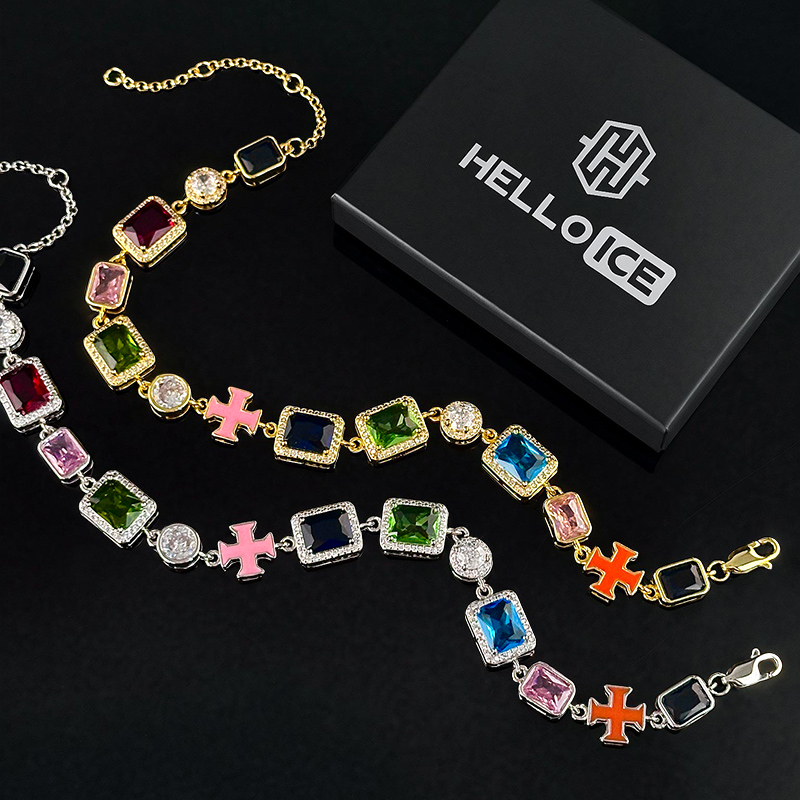 10mm Multicolored Gemstones Enamel Cross Bracelet With Street Luxury Shine - Image 8