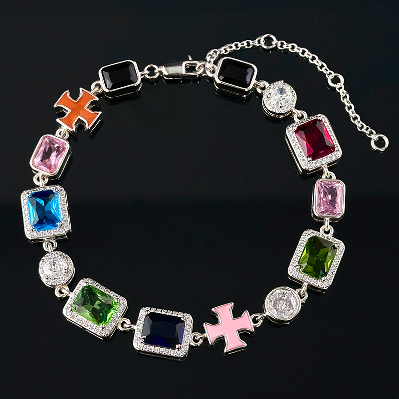 10mm Multicolored Gemstones Enamel Cross Bracelet With Street Luxury Shine