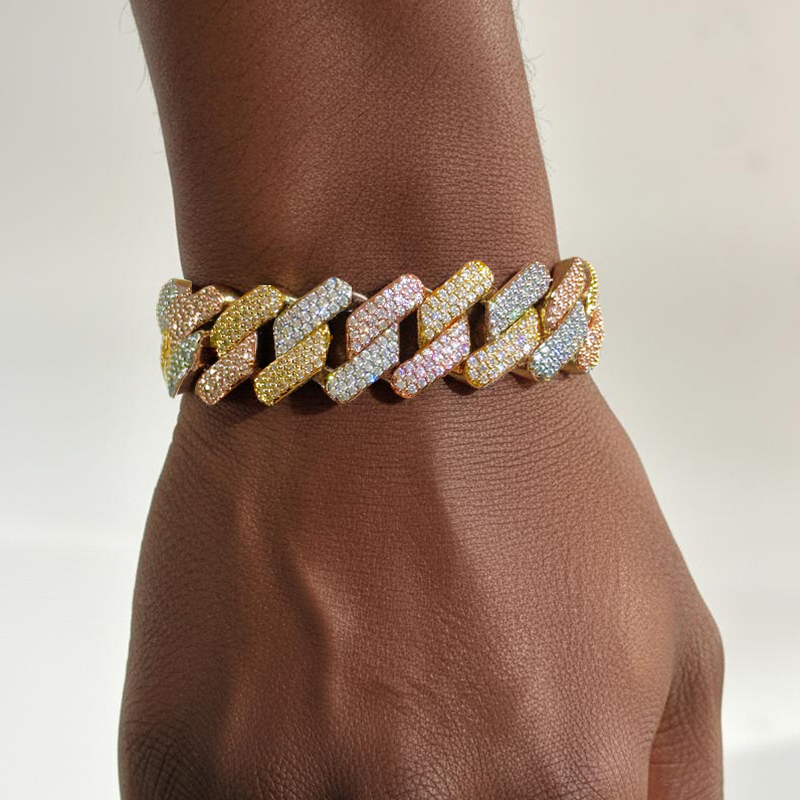 Iced Out 20mm Handset Tricolor Cuban Bracelet Gold With Street Luxury Shine - Image 3