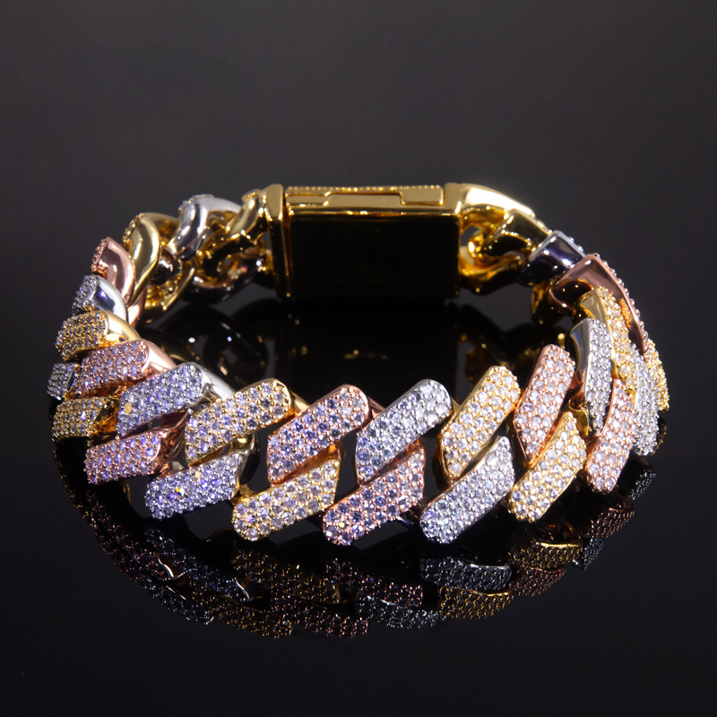 Iced Out 20mm Handset Tricolor Cuban Bracelet Gold With Street Luxury Shine