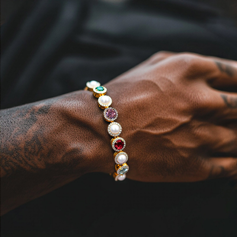 10mm Iced Out Out Colorful Gemstone Pearl Tennis Bracelet Gold