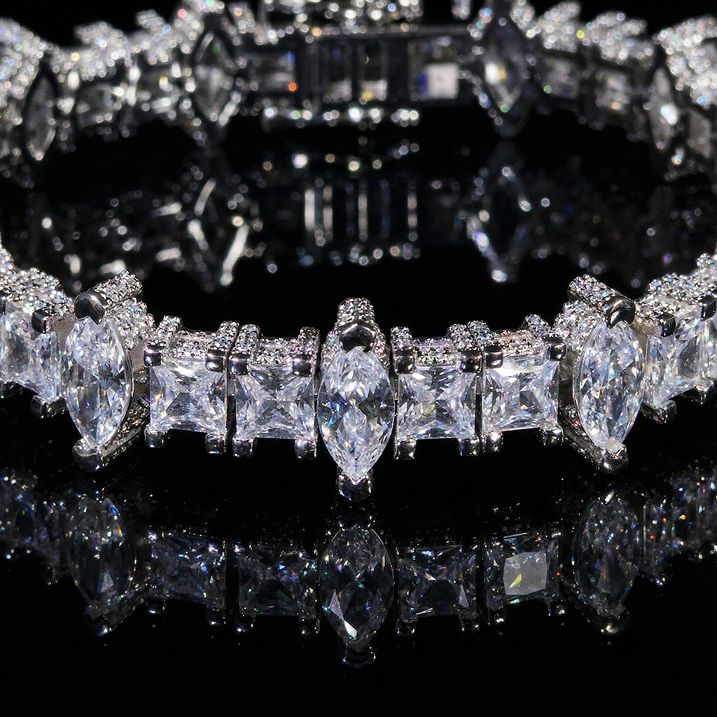5mm Iced Out Out Marquise & Princess Cut Side Stone Tennis Bracelet Silver - Image 3
