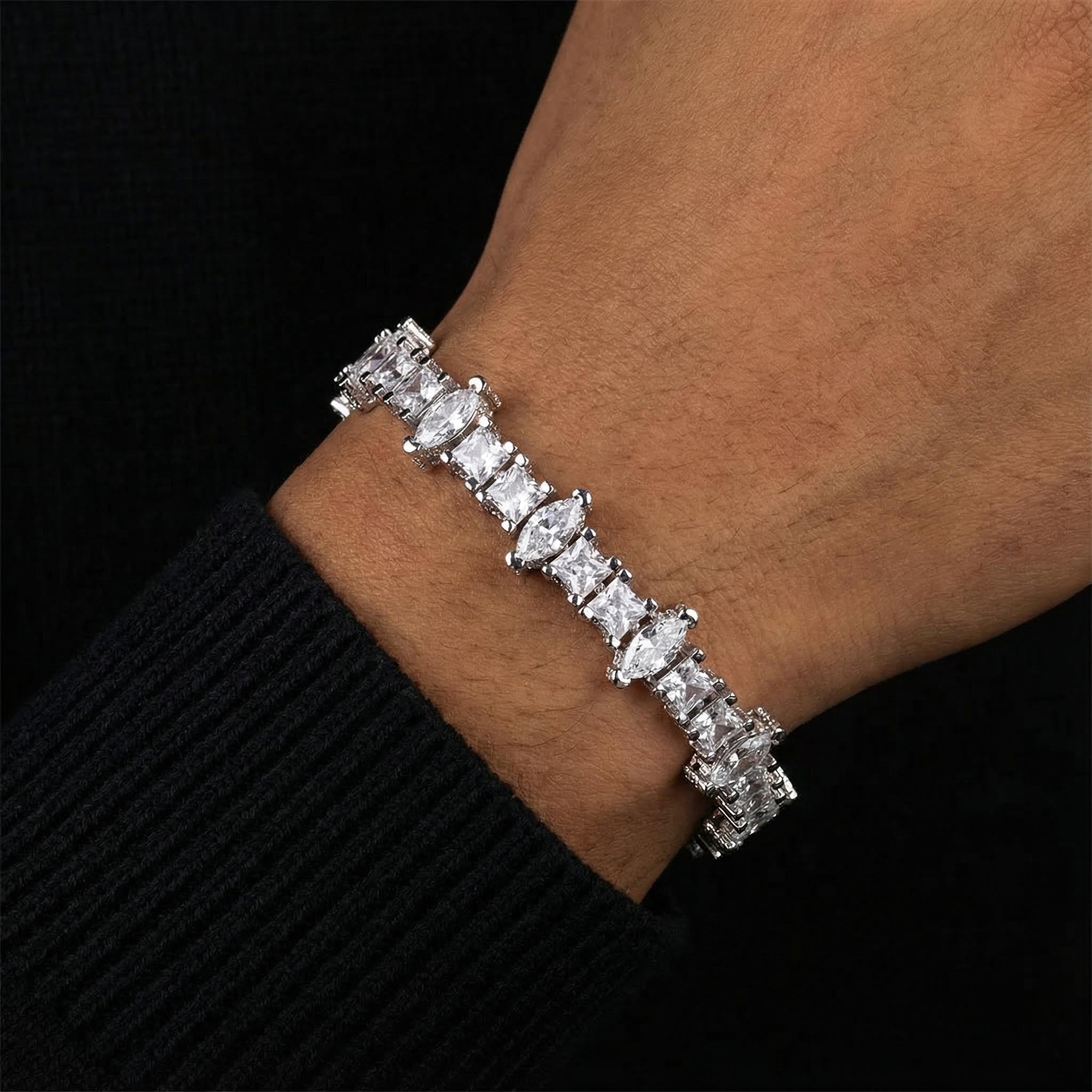 5mm Iced Out Out Marquise & Princess Cut Side Stone Tennis Bracelet Silver - Image 9