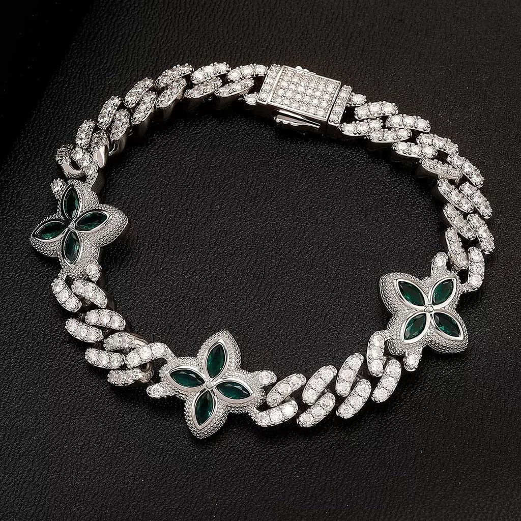 10mm Iced Out Out Four Leaf Clover Emerald Cuban Bracelet Silver