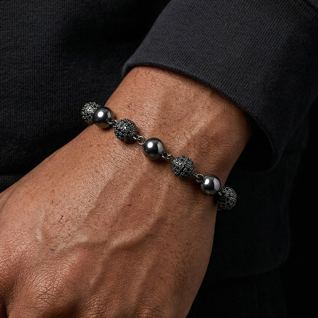 8mm Iced Out Beads Bracelet In Black Gold Plated With Street Luxury Shine