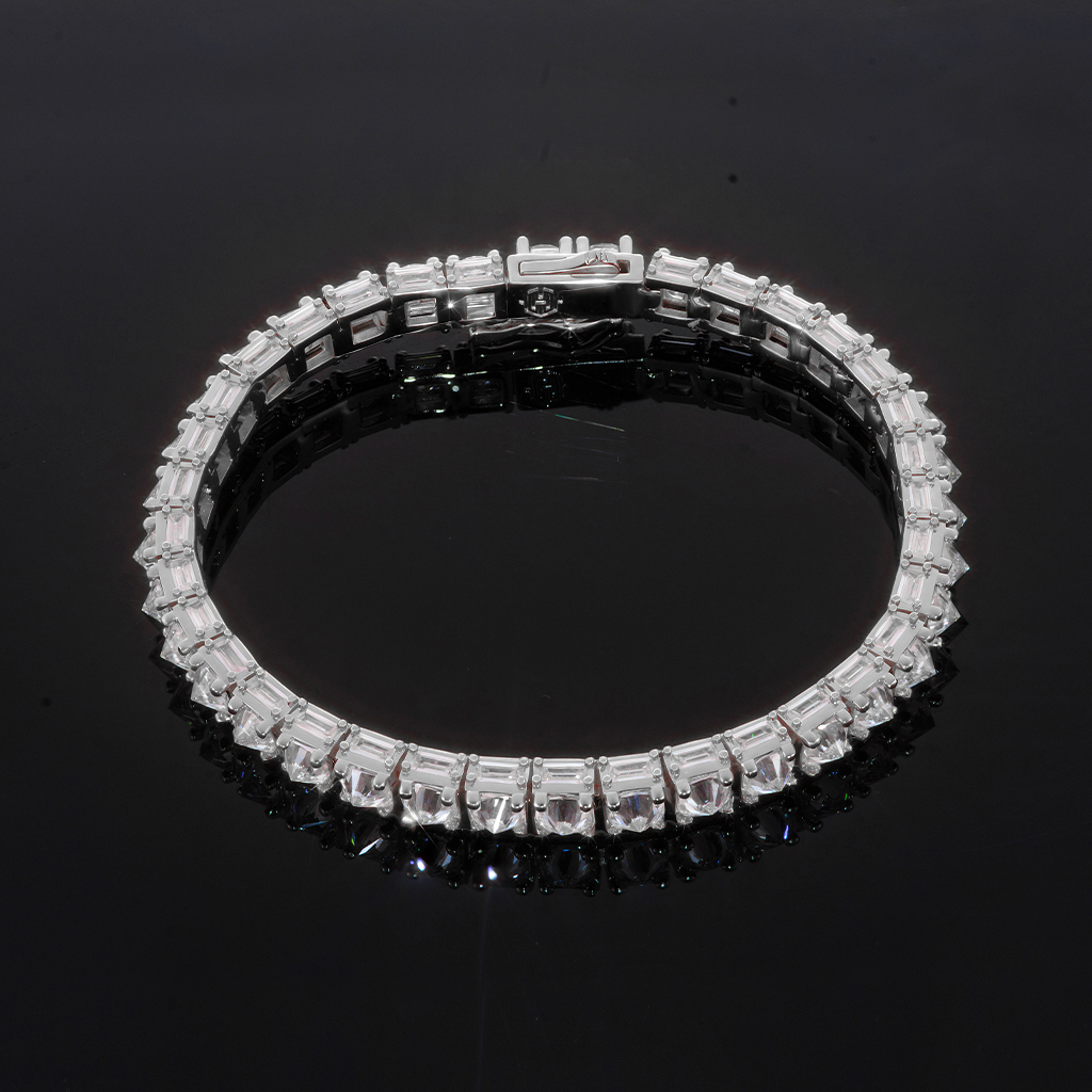 Iced Out Out Emerald Cut Sides Inverted Round Cut Tennis Bracelet Silver - Image 3