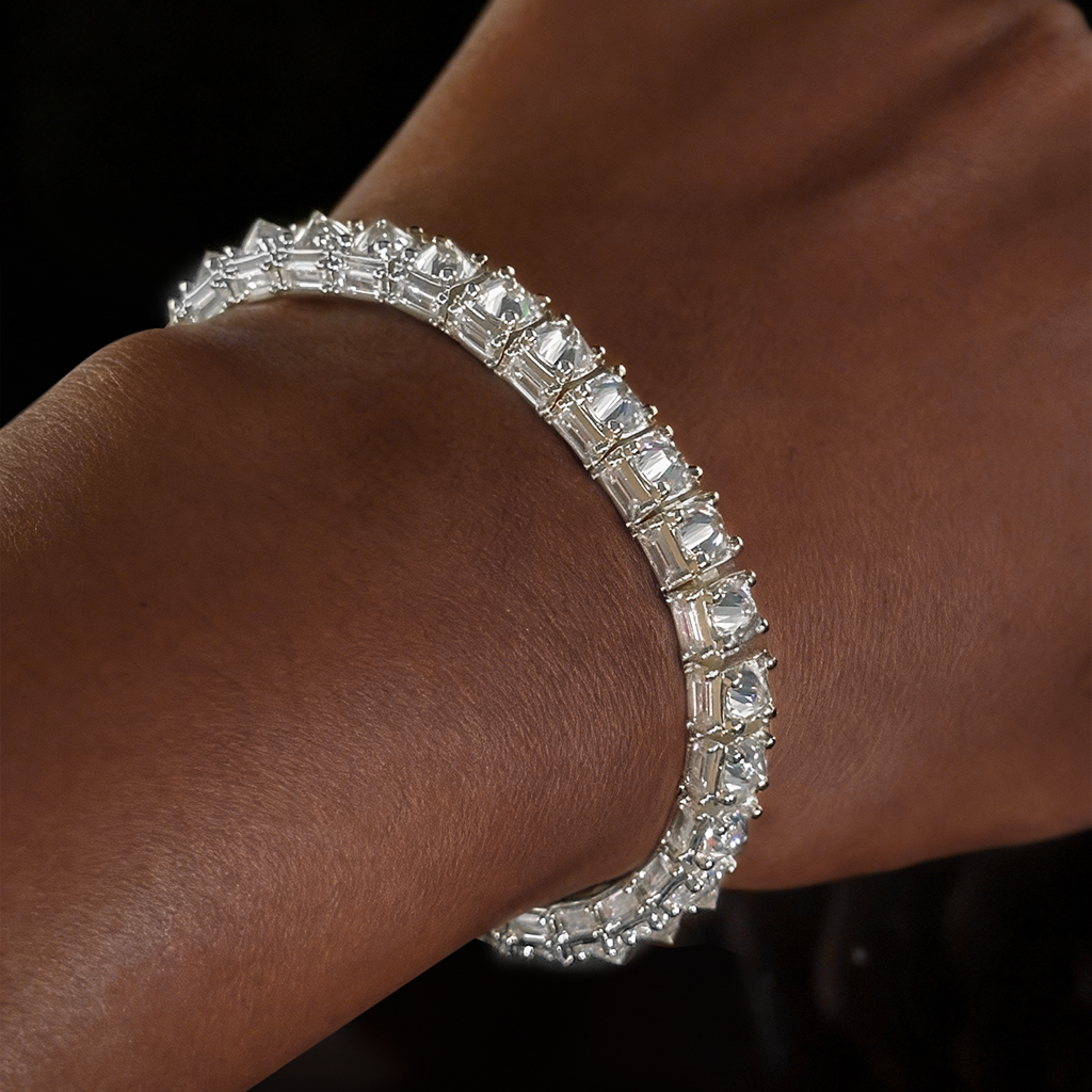 Iced Out Out Emerald Cut Sides Inverted Round Cut Tennis Bracelet Silver - Image 6