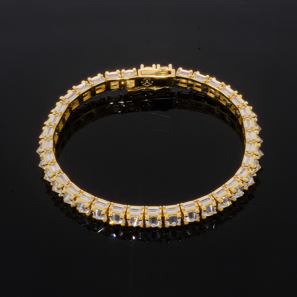 Iced Out Out Emerald Cut Sides Inverted Round Cut Tennis Bracelet Silver - Image 7