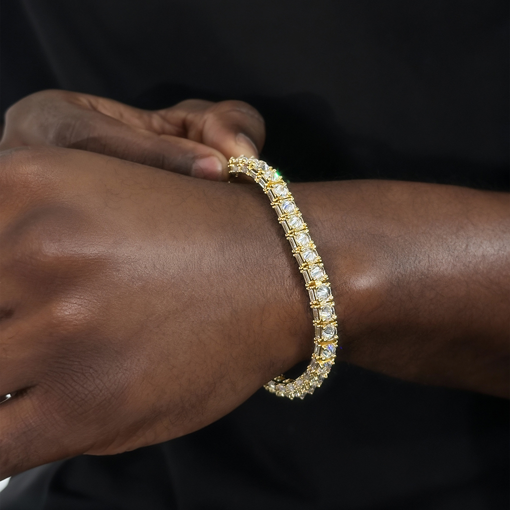 Iced Out Out Emerald Cut Sides Inverted Round Cut Tennis Bracelet Silver - Image 8