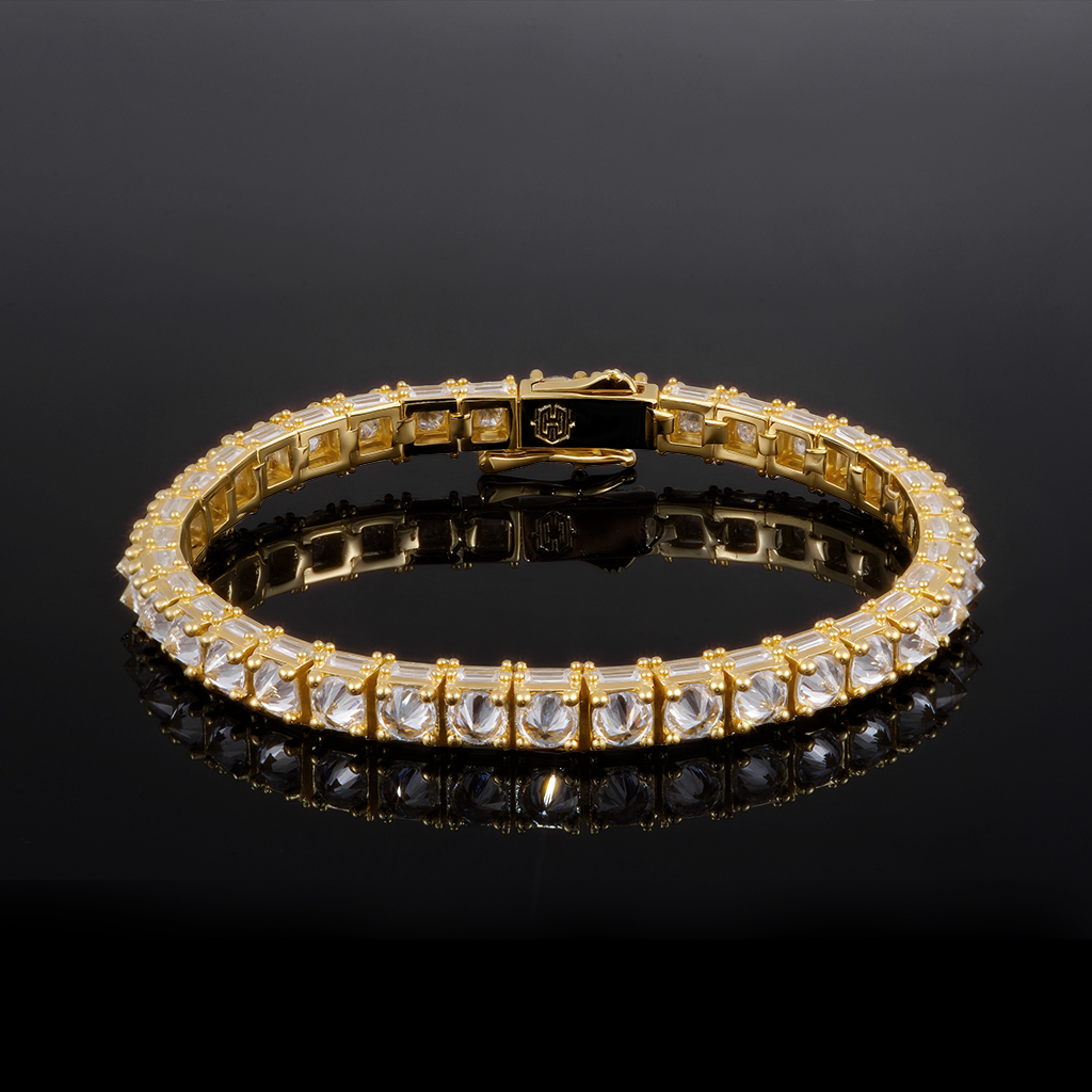 Iced Out Out Emerald Cut Sides Inverted Round Cut Tennis Bracelet Silver