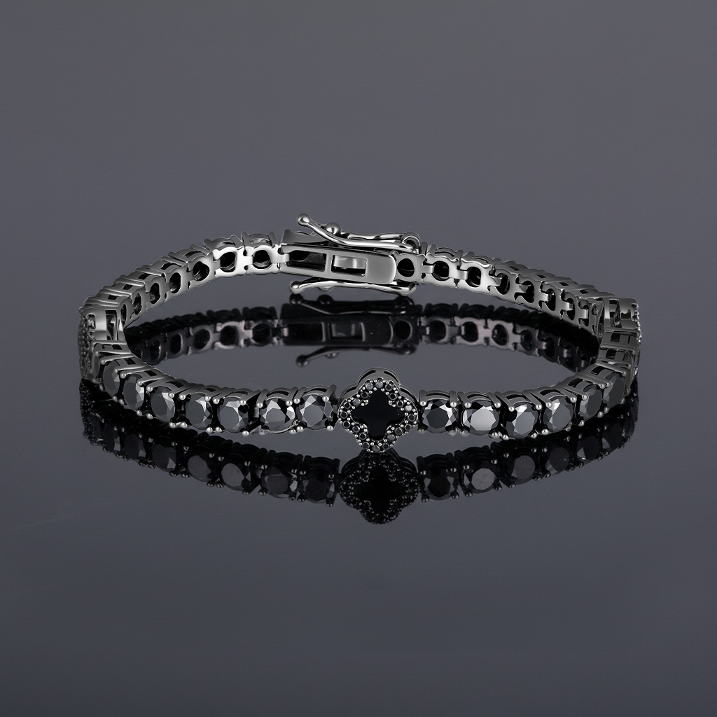 Iced Out Out Black Four Leaf Clover Tennis Bracelet With Bold Premium Edge - Image 3