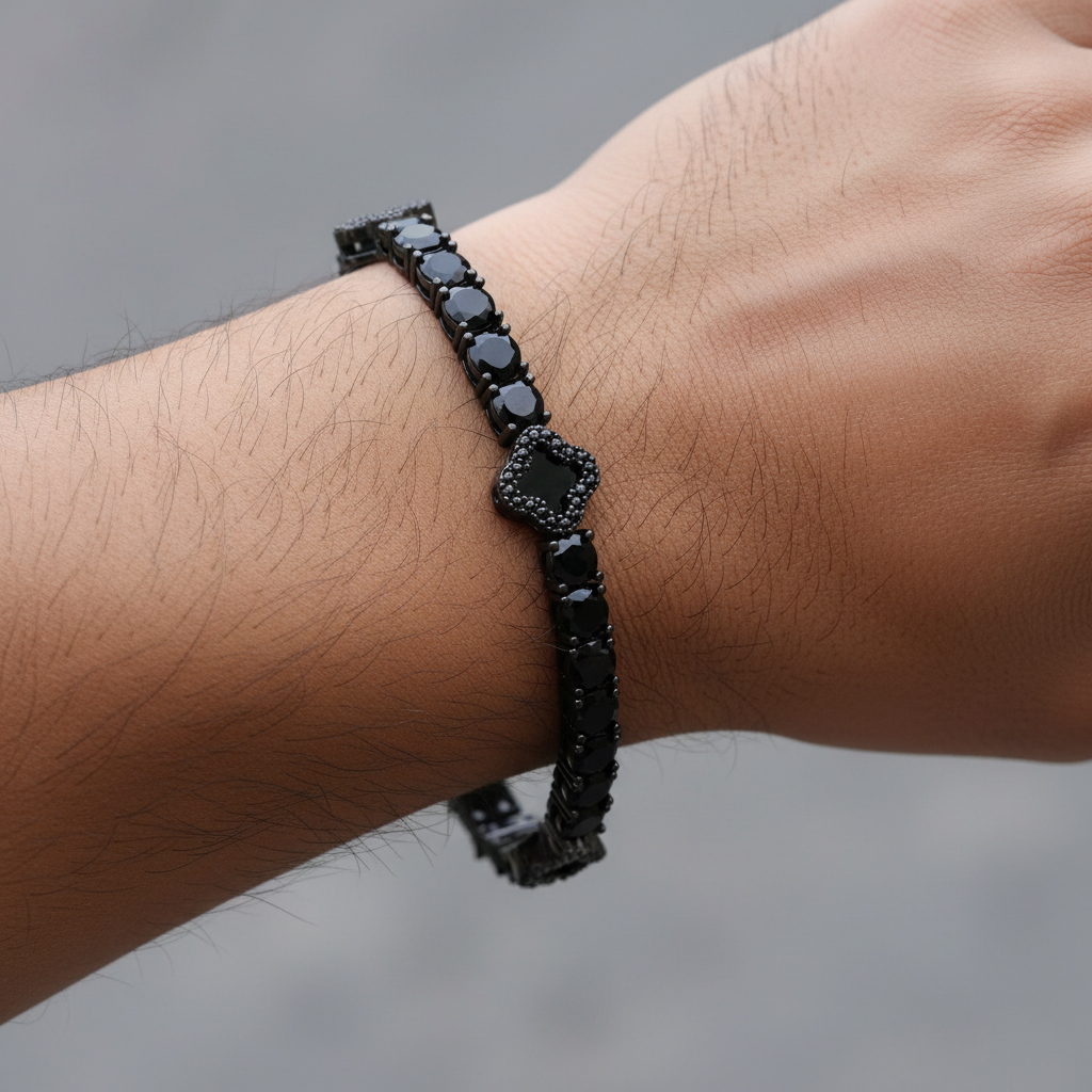 Iced Out Out Black Four Leaf Clover Tennis Bracelet With Bold Premium Edge - Image 5