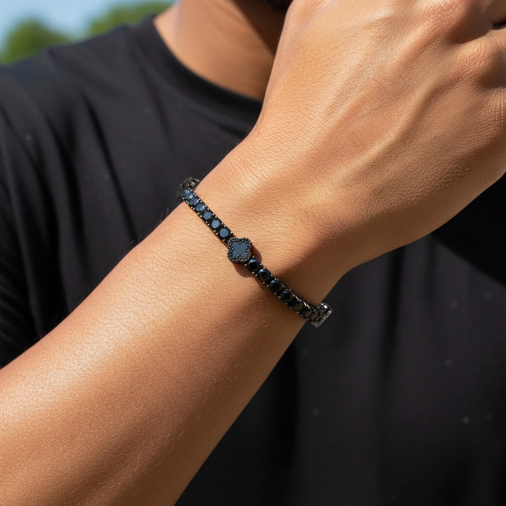 Iced Out Out Black Four Leaf Clover Tennis Bracelet With Bold Premium Edge