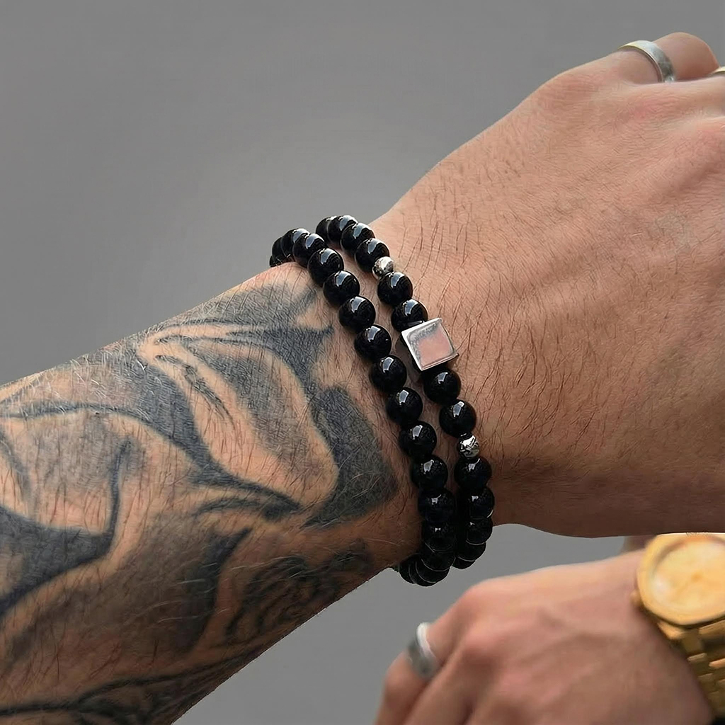 Square Steel Beads Obsidian Black Gallstone Beaded Stretch Bracelet Silver - Image 3