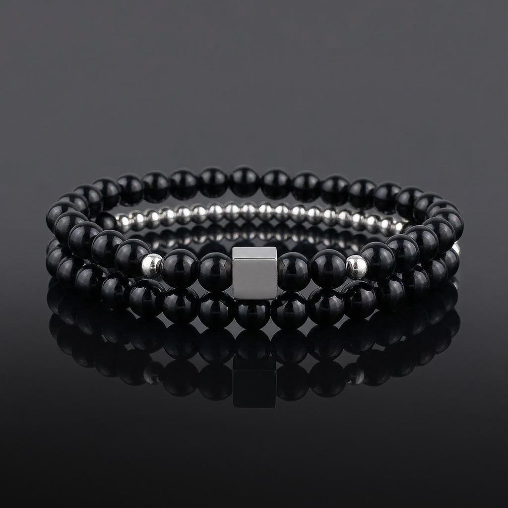 Square Steel Beads Obsidian Black Gallstone Beaded Stretch Bracelet Silver - Image 4