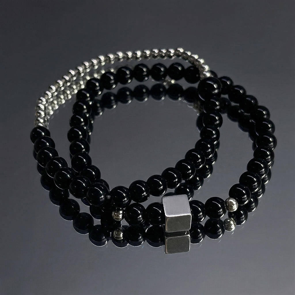 Square Steel Beads Obsidian Black Gallstone Beaded Stretch Bracelet Silver - Image 5