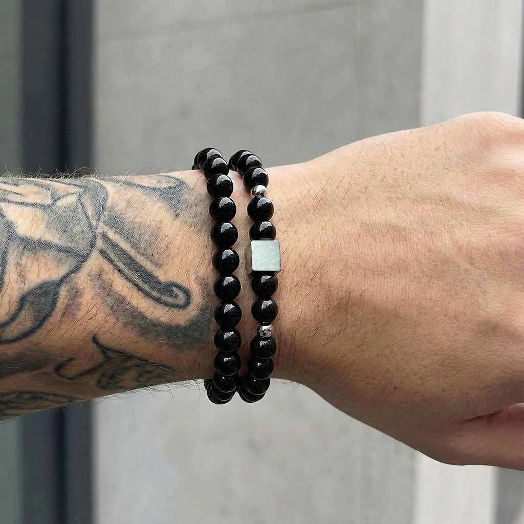 Square Steel Beads Obsidian Black Gallstone Beaded Stretch Bracelet Silver