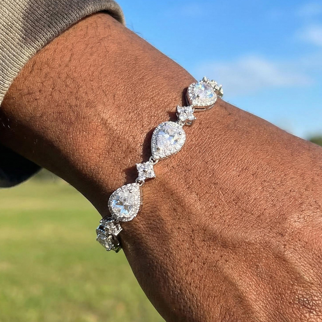 9mm Iced Out Out Pear Cut Four Leaf Clover Tennis Bracelet Silver - Image 3
