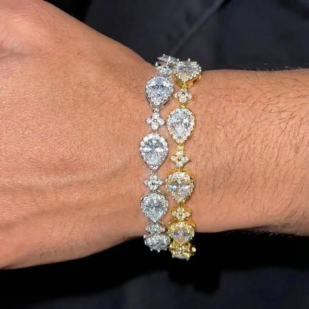 9mm Iced Out Out Pear Cut Four Leaf Clover Tennis Bracelet Silver