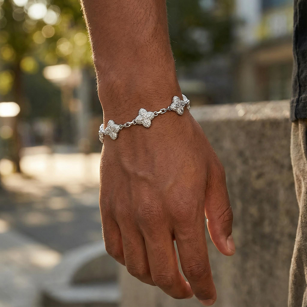 Iced Out Out 14mm Four Leaf Clover Bracelet Silver With Street Luxury Shine - Image 4